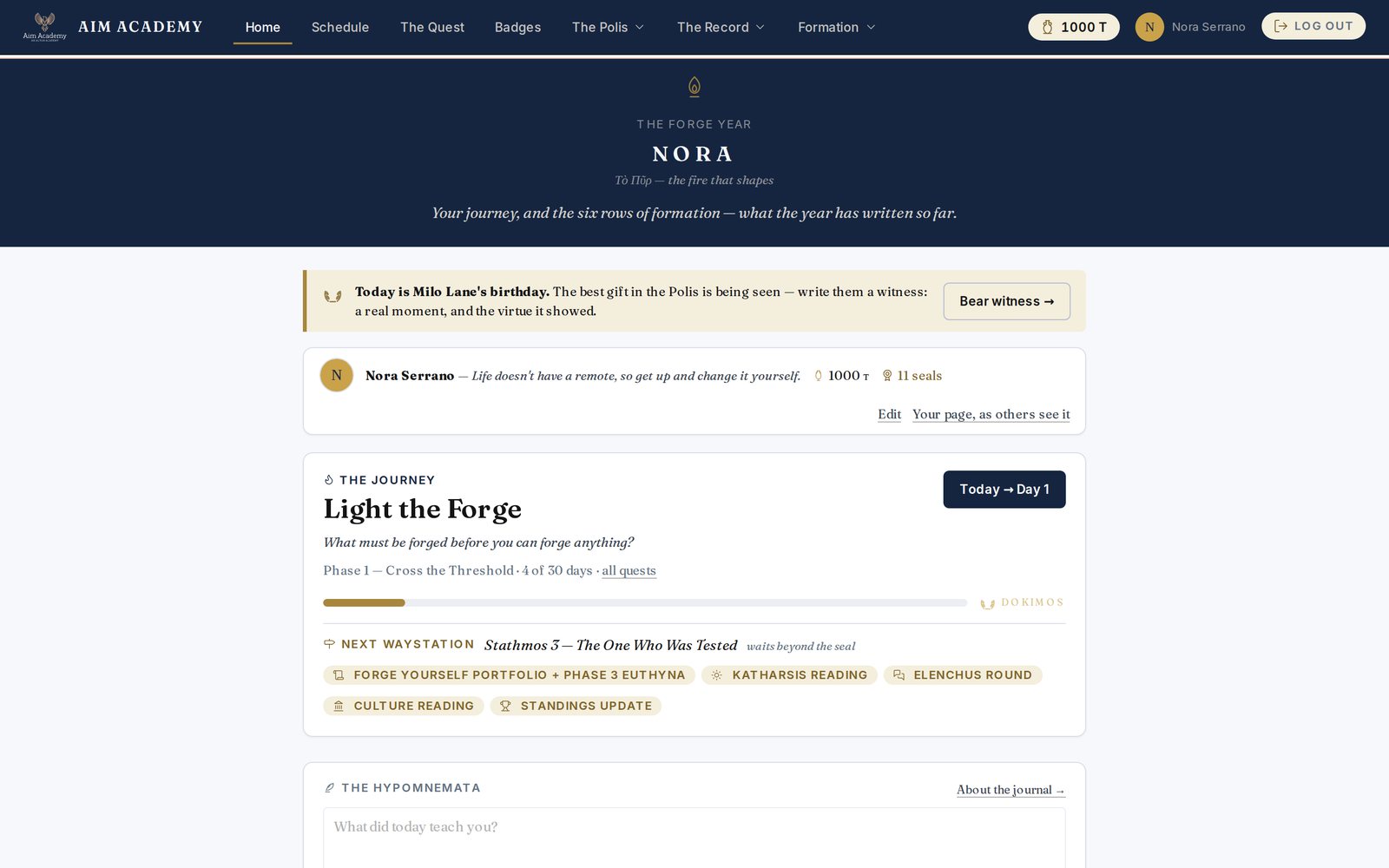 A citizen's home page in The Forge: the current quest, the next waystation, and the journal