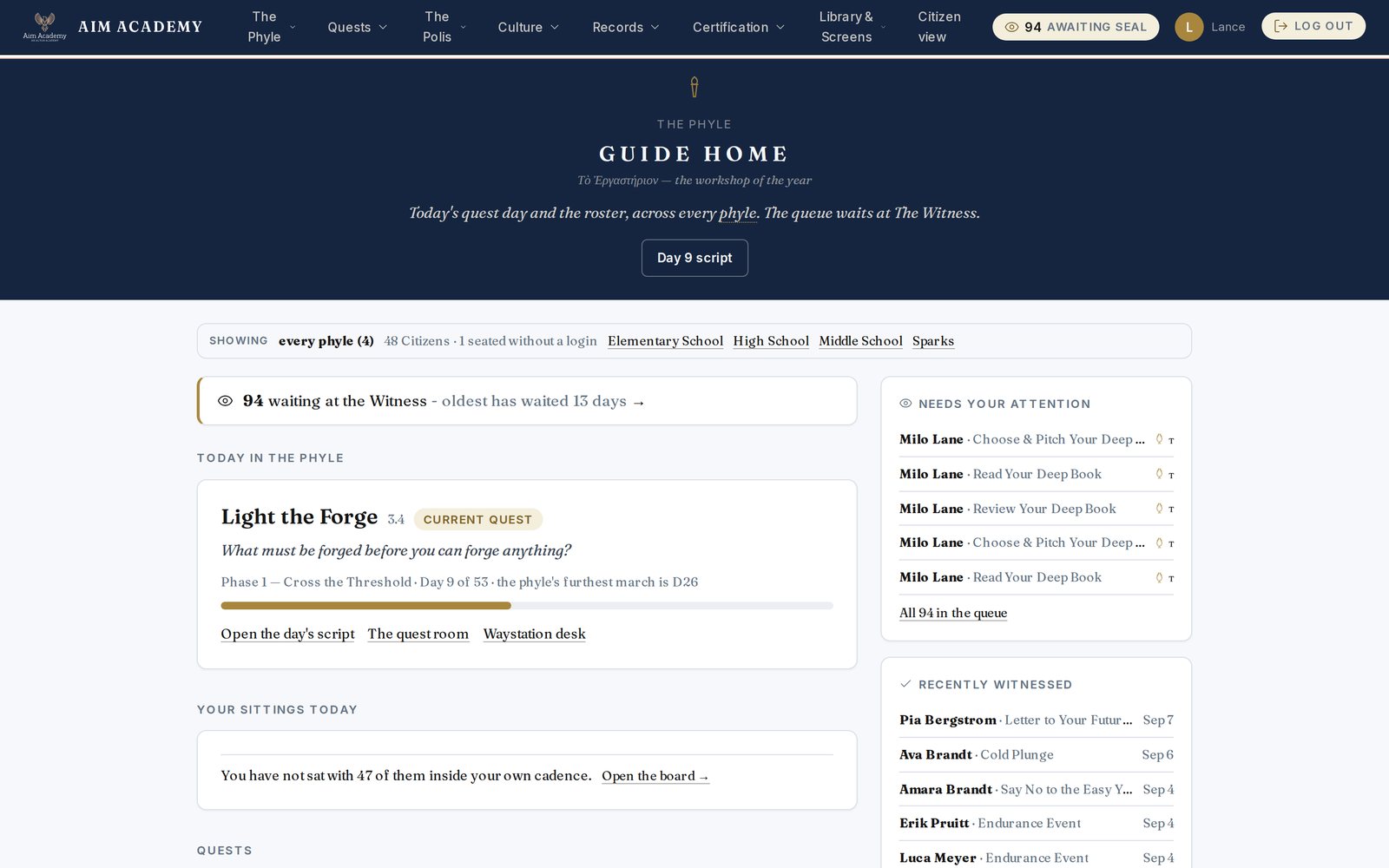 The guide's home page: today's quest day, the witness queue, sittings, and the roster